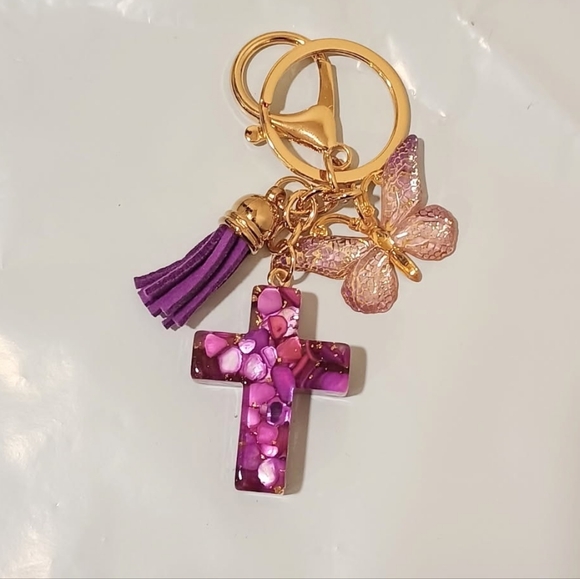 Accessories - Purple and Gold Cross Keychain with Butterfly Charm